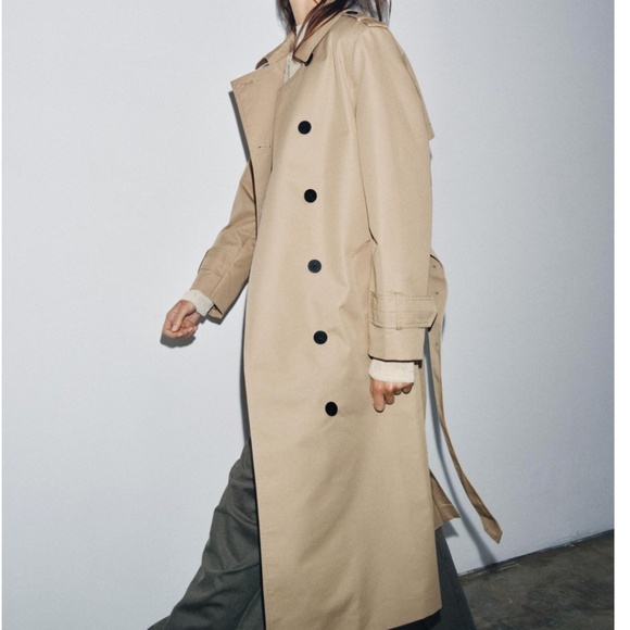Zara Water Repellent Double-Breasted Trench Coat ZW Collection Camel Size S NWT - Picture 3 of 12